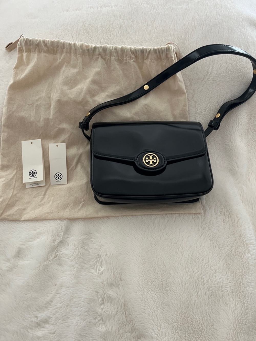 🖤Tory Burch Black Robinson Spazzolato Leather Shoulder Bag-Brass Hardware🖤